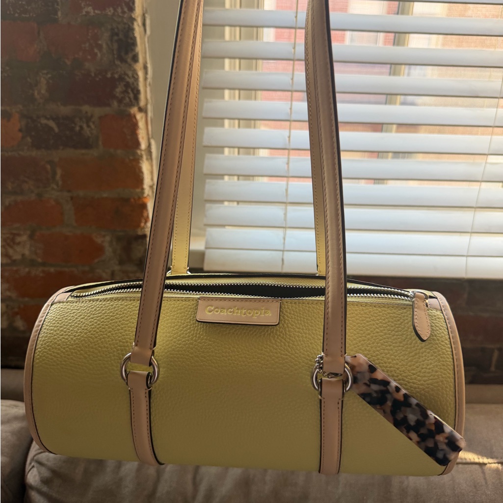 Coachtopia Yellow/Green Pebbled Leather Barrel Bag With Tan Straps